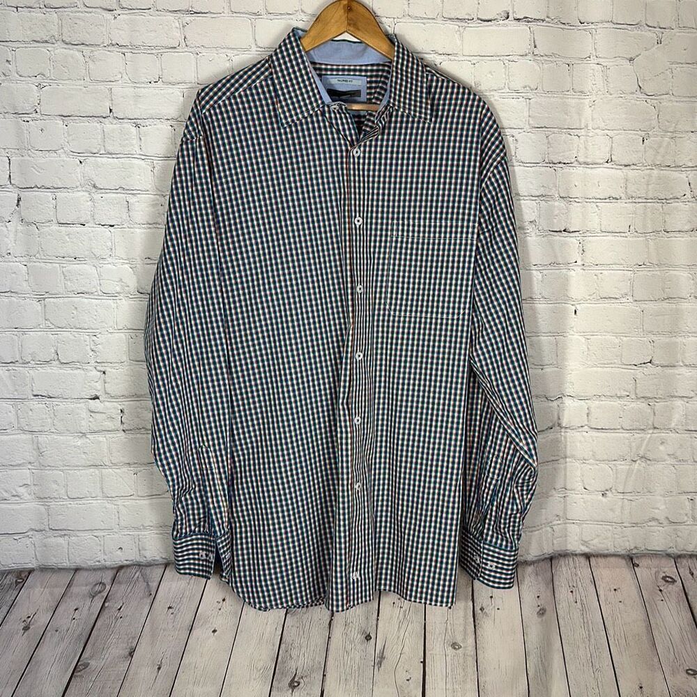 Johnston & Murphy Tailored Fit Blue Orange Gingham Plaid   Button Down shirt XL‎